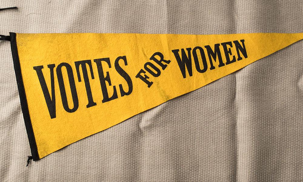 Several items stand out within these collections, including a banner used in the later years of the suffrage campaign that reads “Votes for Women.” Yellow was a frequently used color in the campaigns on the twentieth century, immediately preceding the passage of the 19th amendment. (University photo / J. Adam Fenster)